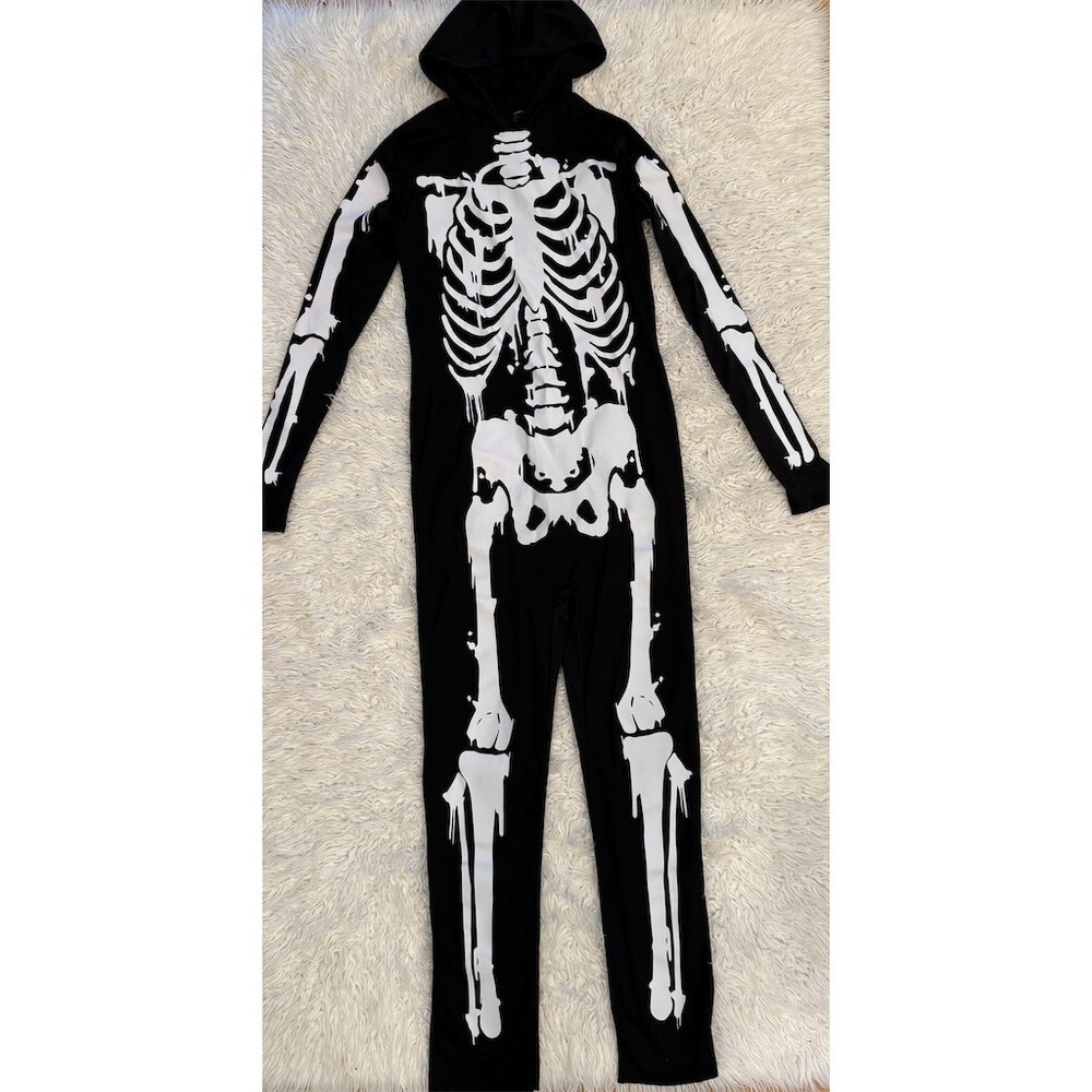 Target Kids Skeleton Hooded Jumpsuit Costume Black & White Size L